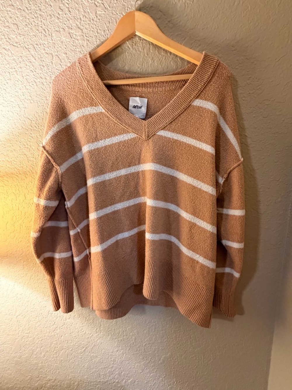 aerie Tan and Cream Striped V-Neck Sweater